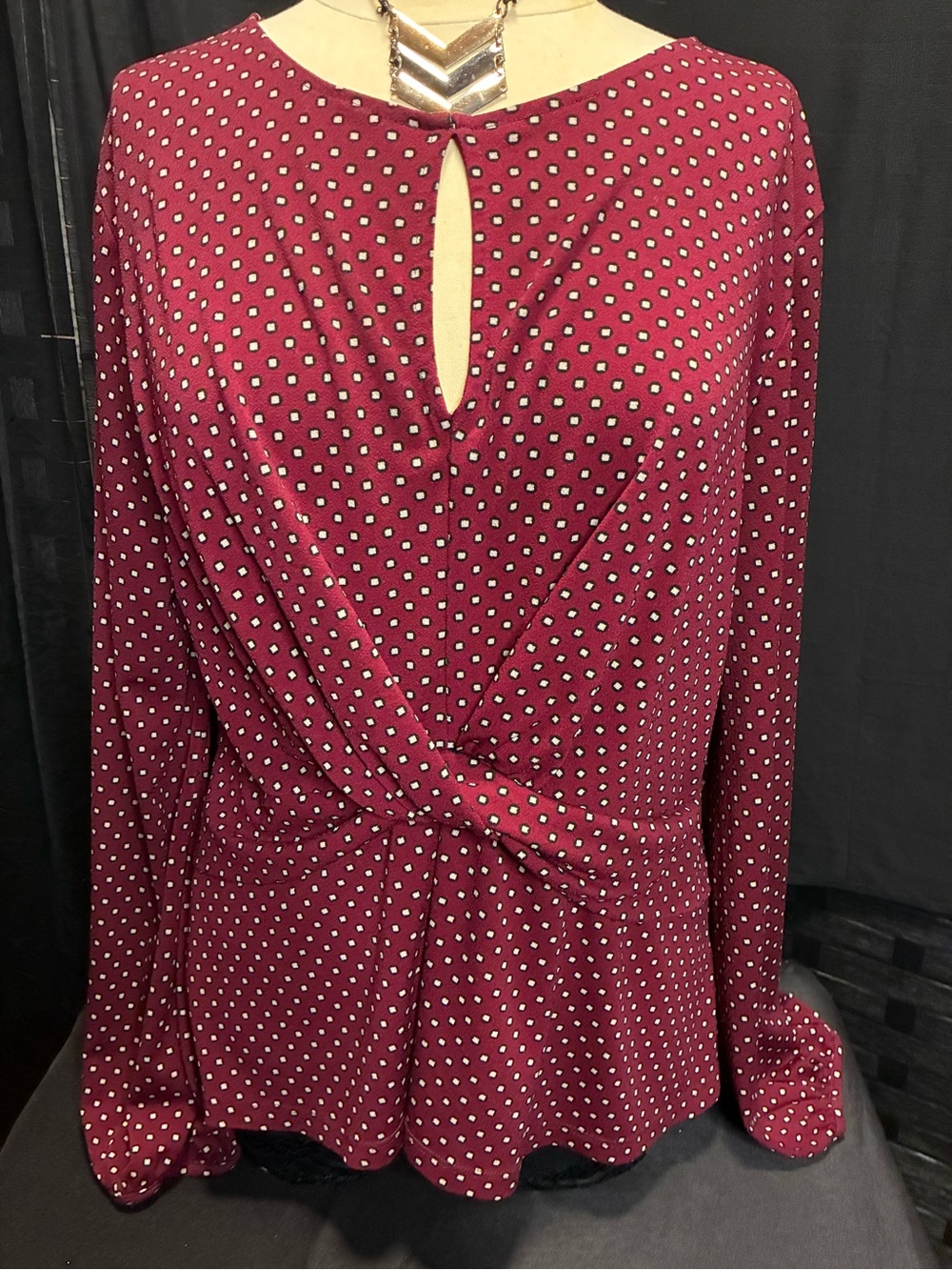 Long-Sleeve Twist Front Keyhole Blouse - Burgundy Polka Dot